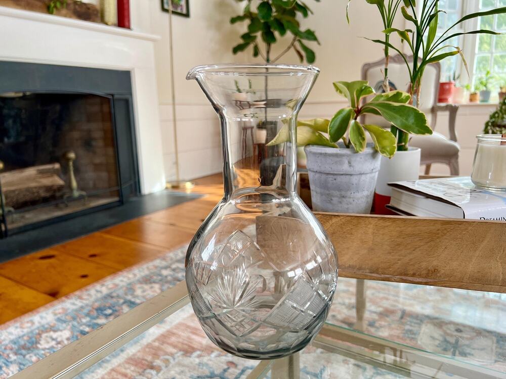 Vintage Cut Crystal Carafe Etched Floral Geometric 9.25" Wine Water Decanter